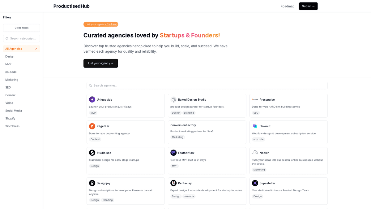 "Discover trusted agencies handpicked for startups & founders to build, scale, and succeed."